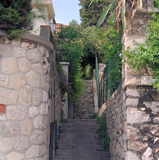 Vue d'ensemble de l'escalier situé entre les parcelles 79 et 81 de la section AO, depuis le sud.