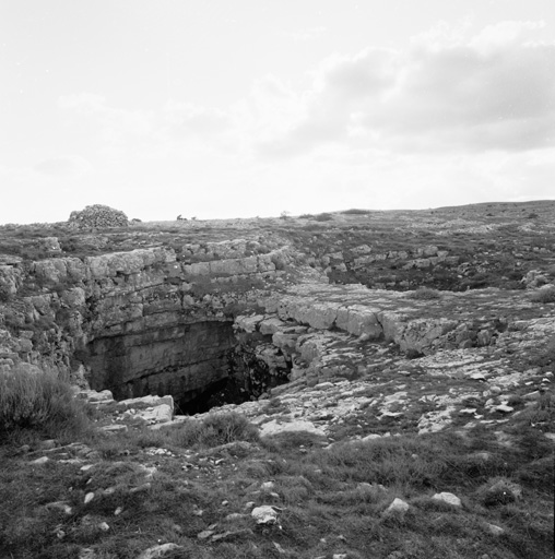 Vue d'ensemble depuis le nord-est : les deux orifices de la doline et la borie.