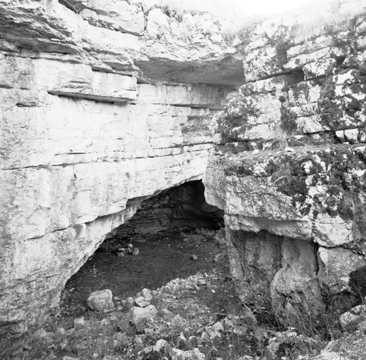 L'abri situé au fond de la doline et servant de bergerie, vu du nord-est, depuis l'accès.