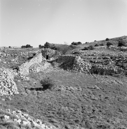 Partie centrale du Plateau de Calern (au sud-ouest du lieu-dit Les Poumeirès) : cabane de pierres-sèches (borie) à l'extrémité d'une doline aménagée (cadastre section G, parcelle 171), vue depuis le sud-ouest.