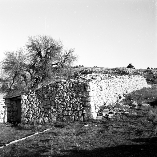 La bergerie, détail : le mur de pierres-sèches vu du sud-est.