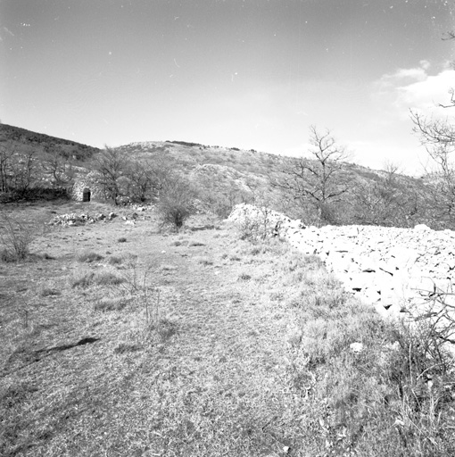 Vue de situation, depuis l'est, montrant la borie à l'extrémité de la doline cultivable.