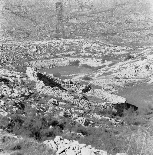 Partie centrale du Plateau de Calern, lieu-dit Le Teil : enclos de pierres-sèches (cadastre section G, parcelle 271), doline aménagée et tas d'épierrement, vus depuis le sud-ouest.