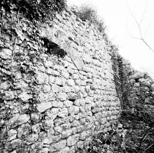 Partie antérieure de l'édifice, parement intérieur de l'élévation sud et l'un des arcs segmentaires, aveugles, en tuf, vus du nord.