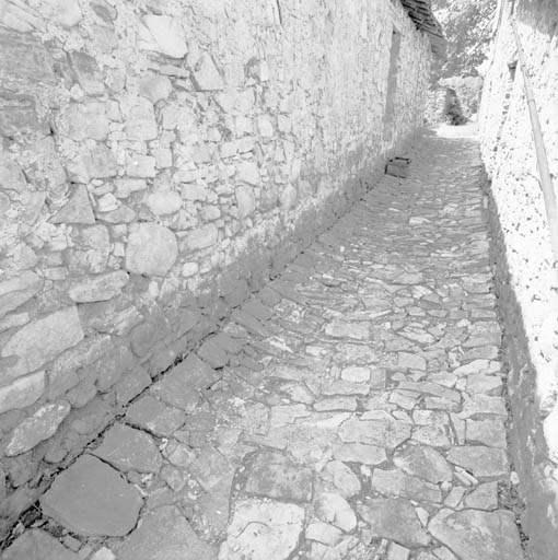 Passage pavé, séparant le bâtiment principal (à droite) des bâtiments d'exploitation, vu depuis l'est.