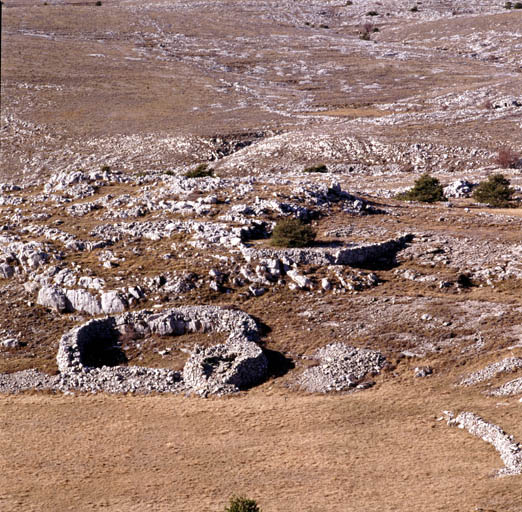 Vue d'ensemble, depuis le sud-est. ; Cipières, enclos sur le site des Baumes. 