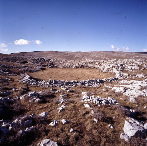 Partie sud du Plateau de Calern : lieu-dit Les Baumes, vu depuis le nord-est, au premier plan une doline aménagée.