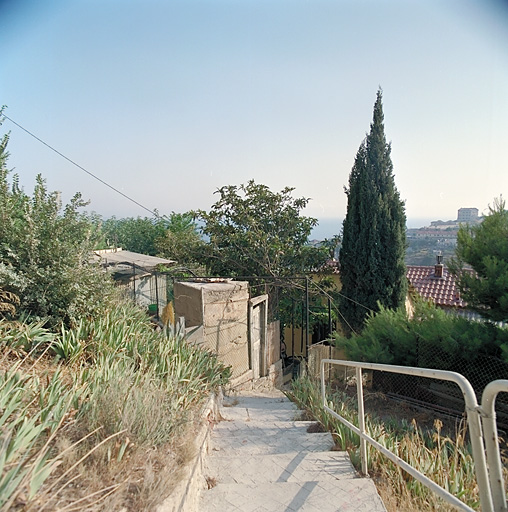Immeuble à logements, chemin de la Nerthe (parcelle P 121). Escalier d'accès et cabane des W.C. Escalier montant à la montée des Iris et cabanes de jardin.