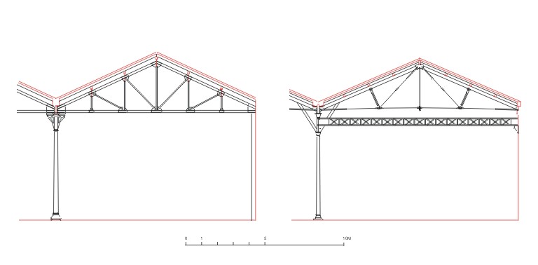 Coupes transversales sur deux types de fermes métalliques.