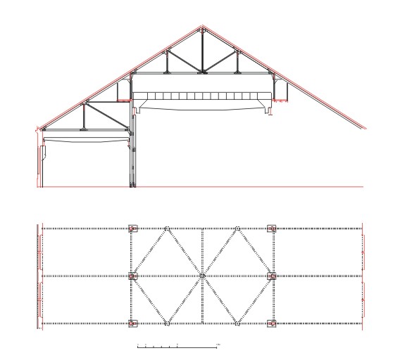 Plan partiel et coupe transversale de la charpente métallique de la grande halle. ; Plan partiel et coupe transversale de la charpente métallique de la grande halle.