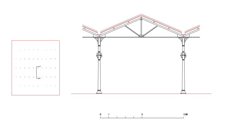 Plan schématique et coupe transversale de la charpente métallique.