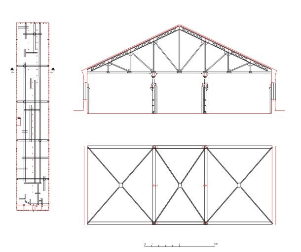 Plans schématiques et coupe transversale de la charpente métallique. ; Plans schématiques et coupe transversale de la charpente métallique.