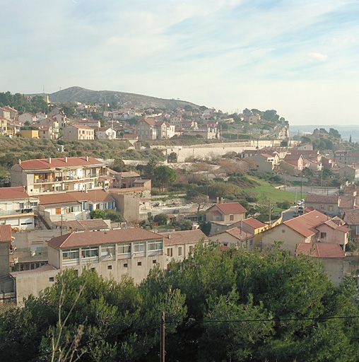Vue prise de l'esplanade de Riaux D. Au premier plan, constructions le long du vallon des Riaux ; au second plan, quartier de la Falaise ; à l'arrière-plan, derrière la voie ferrée, le quartier des Piches.