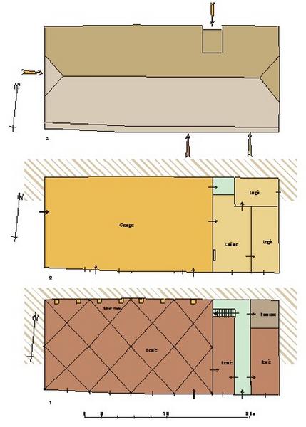 1 - plan de l'étage de soubassement, 2 - plan du rez-de-chaussée surélevé, 3 - plan des toitures.