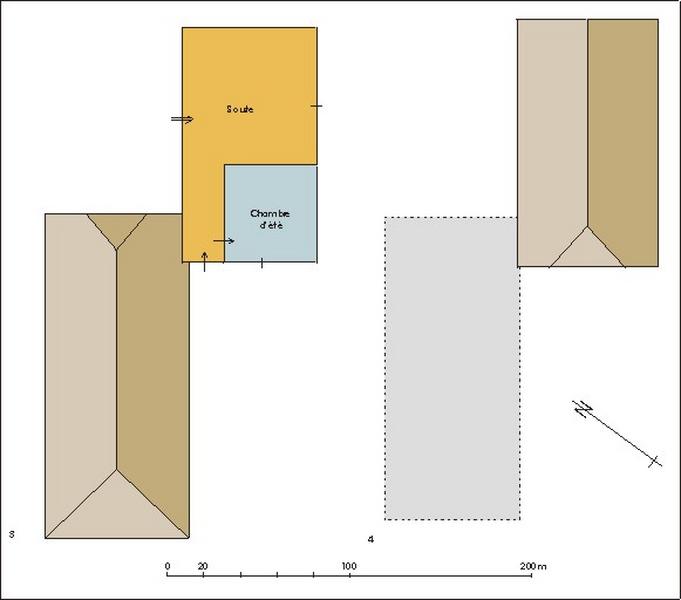 3 - plan des toitures bâtiment du bas plan du rez-de-chaussée surélevé bâtiment du haut, 4 - plan des toitures bâtiment du haut.
