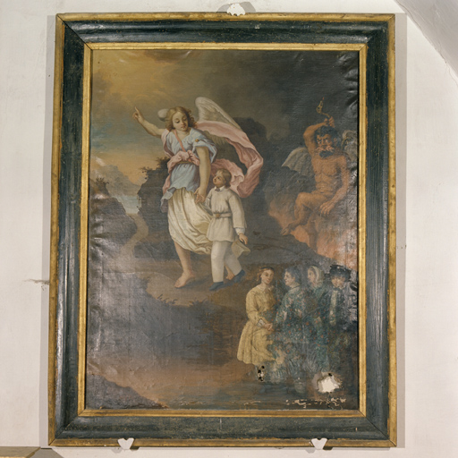 Ensemble de 2 tableaux, ex-voto : Saint Jean Baptiste et la colline Saint-Jean, L'Ange gardien, cadres