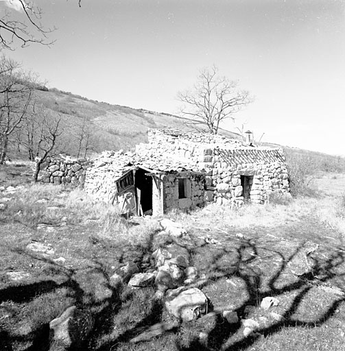 Cipières. Cabane de pierres-sèches à toit en appentis (à droite) et citerne accolée (à gauche) (cadastre section E, parcelle 352) : vue d'ensemble depuis le sud-est.