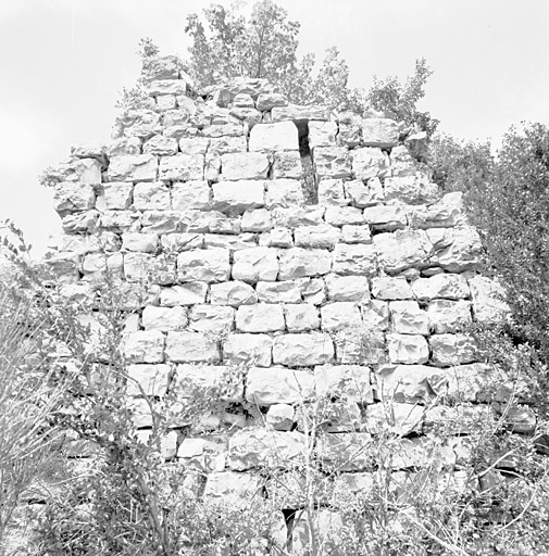 Ancien village de Gerbières (commune de Roquestéron-Grasse), détail : restes de la fortification médiévale à l'extrémité orientale du site, vue extérieure depuis l'est.