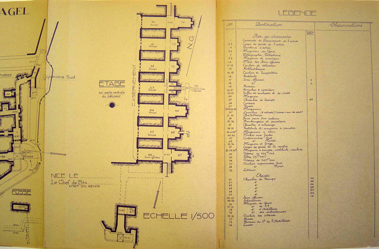 Petit Atlas des Bâtiments militaires. Chefferie de Nice. Réduit du Mont-Agel. Plan des dessous. Rez-de-chaussée. Etage. Détail : partie centrale et droite, étage et légende.