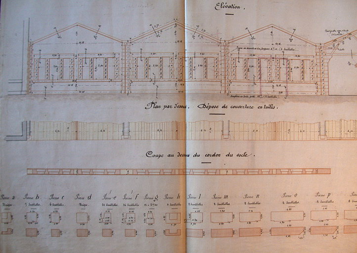 Feuille de dessins n° 5 annexée au métré d'ouvrages d'art n° 2 - Agrandissement des Ateliers d'Arles - Allongement de la Remise des machines froides - Démolition du pignon et installation d'un masque.