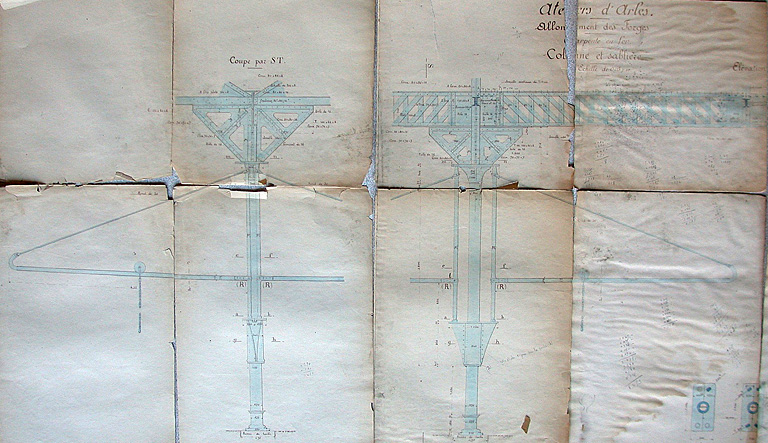 Atelier d'Arles - Charpente en fer - Colonnes et sablières, échelle de 0,05 par mètre.