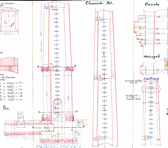 Feuille de dessin n°1 annexée au métré d'Ouvrages d'art n°48 - Agrandissement des Ateliers d'Arles - Atelier des Roues - Cheminées et carneaux des générateurs, Bureaux et peinture de charpentes en bois et en fer. [La cheminée et les carneaux ont été détruits en 1912].