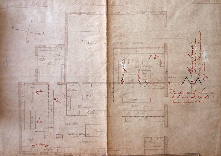 Plan de l'ancienne scierie intitulé : "Ateliers des machines d'Arles - Section lampisterie".