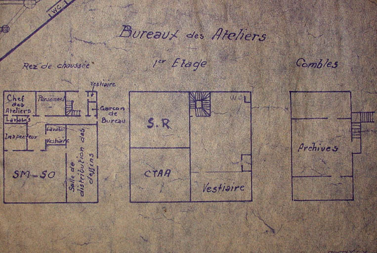 Plan général des ateliers d'Arles [détail du bâtiment des bureaux, vers 1950].