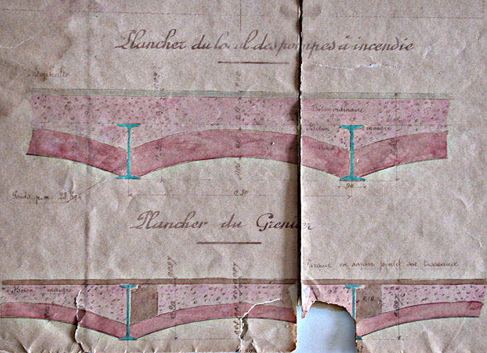 Chemins de fer de Paris à Lyon et à la Méditerrannée - Ligne de Lyon à Marseille - Agrandissement des Ateliers d'Arles - Bâtiment pour pompes à incendie et écuries - [Détail du plancher du local des pompes à incendie et du plancher du grenier].