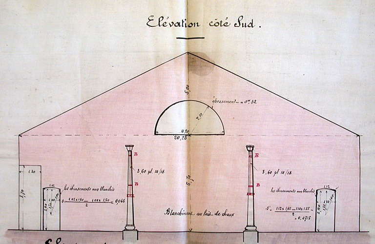 Feuille de dessins n° 12 annexée au métré d'ouvrages d'art n° 15 Agrandissement des Ateliers d'Arles - Atelier d'Ajustage - Installation de conduites d'eau et de gaz. Blanchiment au lait de chaux et peinture à l'huile ; Divers.