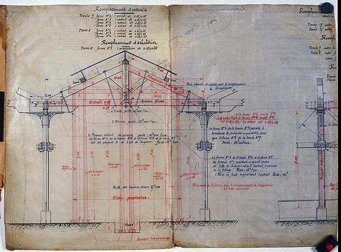 Chemins de fer de Paris à Lyon et à la Méditerranée - Service de la voie - Ateliers, magasins et dépôts - Ateliers d'Arles - Mise en état d'entretien de la charpente en bois du Montage [première partie].