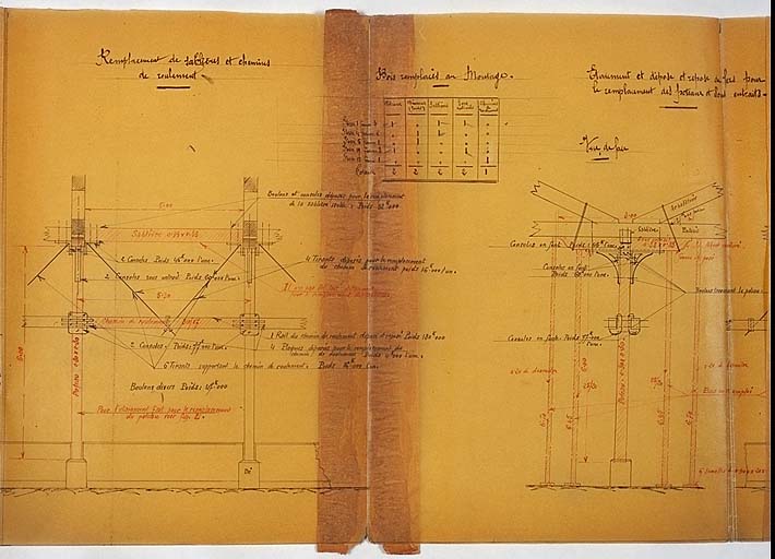 Chemins de fer de Paris à Lyon et à la Méditerranée - Service de la voie - Ateliers, magasins et dépôts - Ateliers d'Arles - Mise en état d'entretien de la charpente en bois du Montage, du hangar de la lampisterie et du hangar aux agrès [première partie].