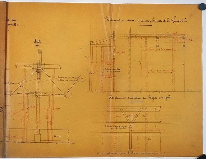 Chemins de fer de Paris à Lyon et à la Méditerranée - Service de la voie - Ateliers, magasins et dépôts - Ateliers d'Arles - Mise en état d'entretien de la charpente en bois du Montage, du hangar de la lampisterie et du hangar aux agrès [seconde et dernière partie].