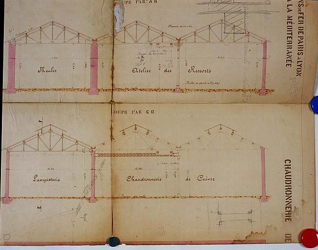 Agrandissement des ateliers d'Arles - Chaudronnerie de cuivre, Lampisterie, Ressorts et Meules - Plan général [détail, l'usure a séparé ce plan en deux morceaux].