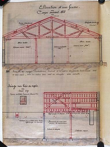 Feuille de dessins n° 8 annexée au métré d'ouvrages d'art n° 5 - Agrandissement des Ateliers d'Arles - Réfection de la partie sud de la toiture de l'Ajustage. Ouverture de baies dans le magasin des pièces finies. Modification de conduites d'eau - Construction de fondations dans l'atelier des Roues [détail].