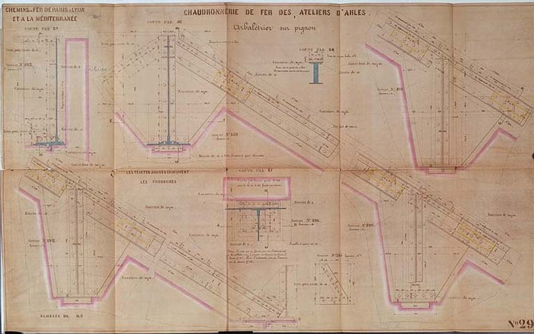 Chemins de fer de Paris à Lyon et à la Méditerranée - Chaudronnerie de fer des ateliers d'Arles - Arbalétriers sur pignon.