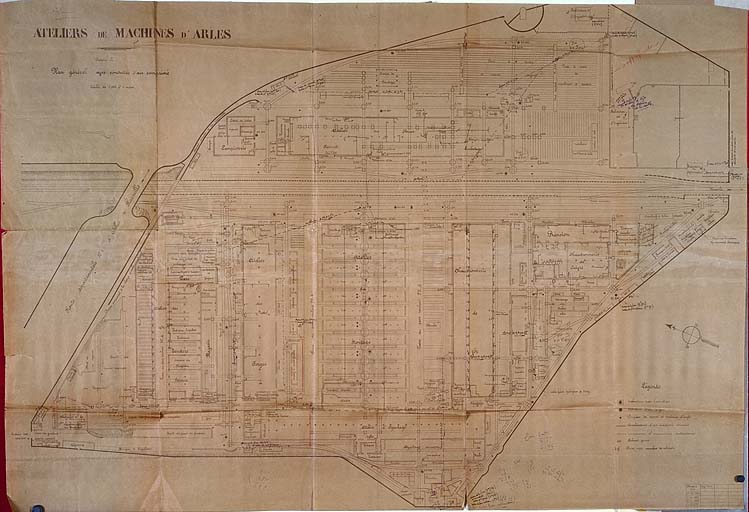 Ateliers de machines d'Arles - Plan général avec conduites d'air comprimé - Echelle 0,002 pr 1 mètre.