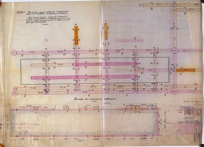 Feuille de dessin n°3 annexée au métré d'ouvrages d'art n°39 - Agrandissement des Ateliers d'Arles - Nivellement de la plate-forme du parc à Roues (2e partie) - Déblais et transport des déblais provenant de l'établissement des voies et pavage des caniveaux.