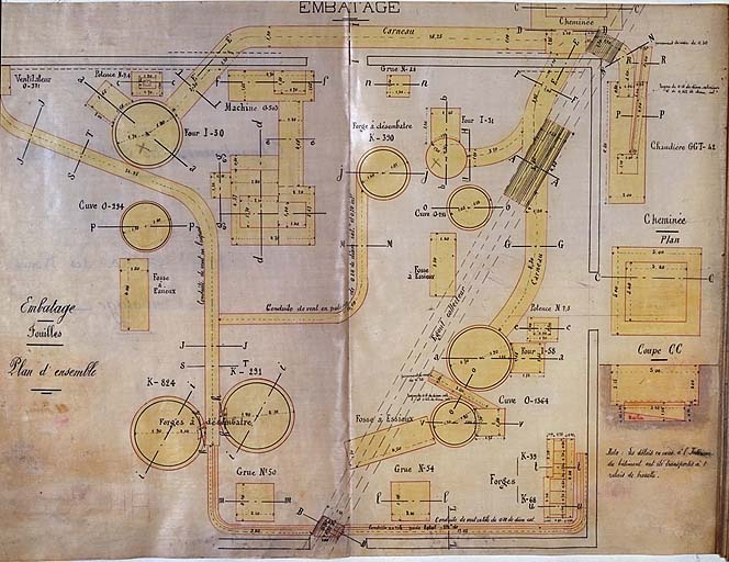 Feuille de dessin n°5 annexée au métré d'Ouvrages d'art n°42 - Agrandissement des Ateliers d'Arles - Nouvel Atelier des Roues - Embatage.