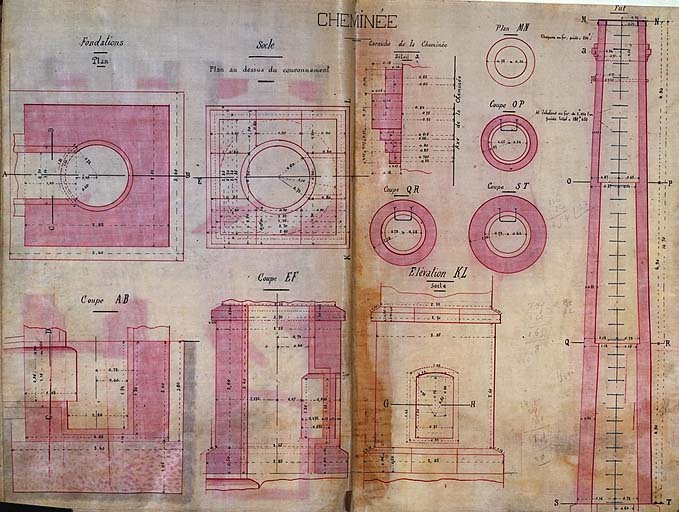 Feuille de dessin n°3 annexée au métré d'ouvrages d'art n°50 - Agrandissement des Ateliers d'Arles - Atelier des Roues - pavage en bois ; ramifications des conduites de gaz; fournitures et pose d'appareils à gaz et objets divers ; abergement des cheminées.