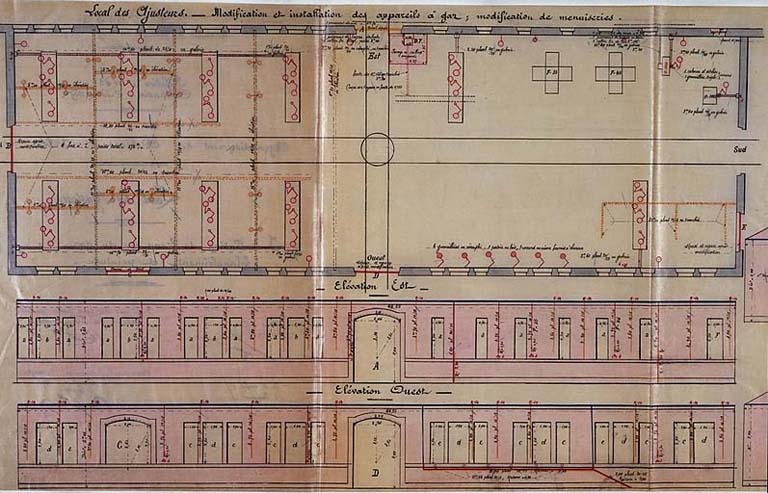 Feuille de dessin n° 4 annexée au métré d'ouvrages d'art n° 12 - Agrandissement des Ateliers d'Arles - Local des Ajusteurs - Installation de l'eau et du gaz - Blanchiment et peinture.