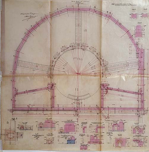 Chemins de fer de Paris à Lyon et à la Méditerranée - Service de la voie - 5ème arrondissement - M. Desmur ingénieur - Ligne de Lyon à Marseille - Arles - Construction d'une demi rotonde avec quai à combustibles - Maçonneries de fondation d'Elévation du quai - Plans et détails.