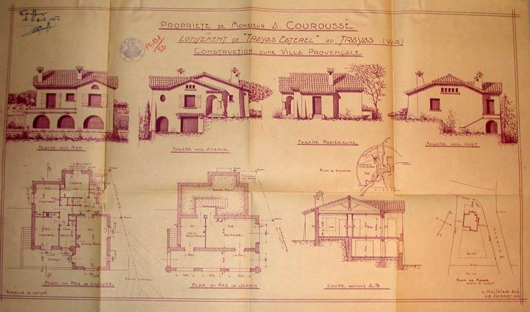 'Propriété de Monsieur A. Courousse. Lotissement de ''Trayas Esterel'' au Trayas (Var). Façade côté mer. Façade côté avenue. Façade postérieure. Façade côté ouest. Plan du rez-de-chaussée. Plan du rez-de-jardin. Coupe suivant A.B. Plan de masse.'