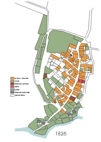 Carte du recensement des édifices vers 1826, d'aprés le cadastre ancien.