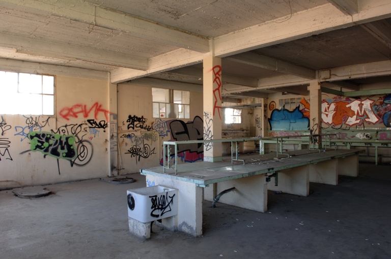 Vue prise du nord-est, atelier du bâtiment d'angle, avec paillasse.