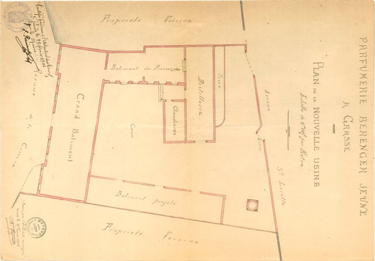 Parfumerie Bérenger Jeune à Grasse. Plan de la nouvelle usine. ;  ; Parfumerie Bérenger Jeune à Grasse. Plan de la nouvelle usine.