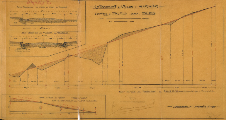 Lotissement du Vallon du Marinier. Coupes et profils des voies. Profil en long du Bd du Belvédère. Profil transversal du chemin du Marinier.