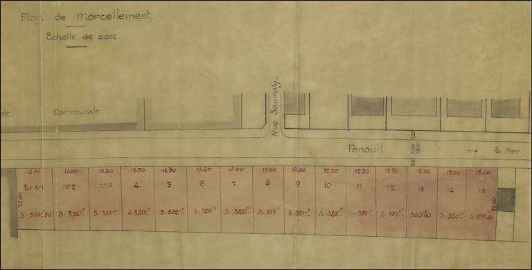 Plan du morcellement. [Plan du morcellement avec 15 lots sur la rive nord du Bd Fenouil, du 22 avril 1927].
