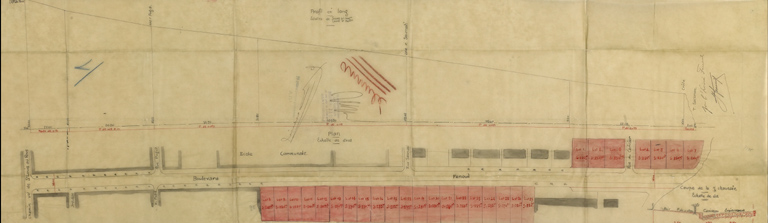 Profil en long. Plan. Coupe de la chaussée. [Plan annulé du lotissement avec 7 lots côté sud, 20 lots côté nord du Bd Fenouil. Profil en long du boulevard et coupe de la chaussée, vers 1928].