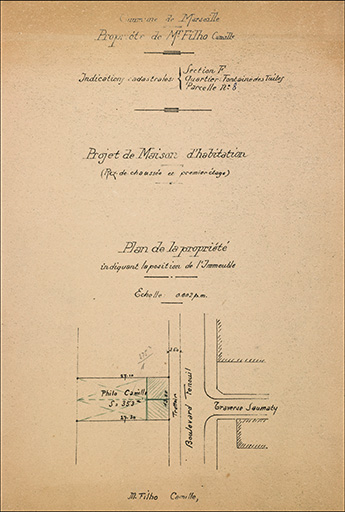 Propriété de Mr Filho Camille, Indication cadastrales : section F, quartier Fontaine des Tuiles, parcelle n°8. Projet de maison d'habitation. (Rez-de-chaussée et premier étage). Plan de la propriété indiquant la position de l'immeuble.